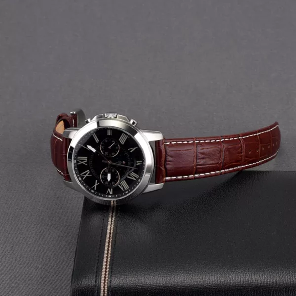 Watch Straps Canada High Quality Crocodile Embossed Top Grain Leather Watch Band Brown with White Stitching mounted on unmarked watch