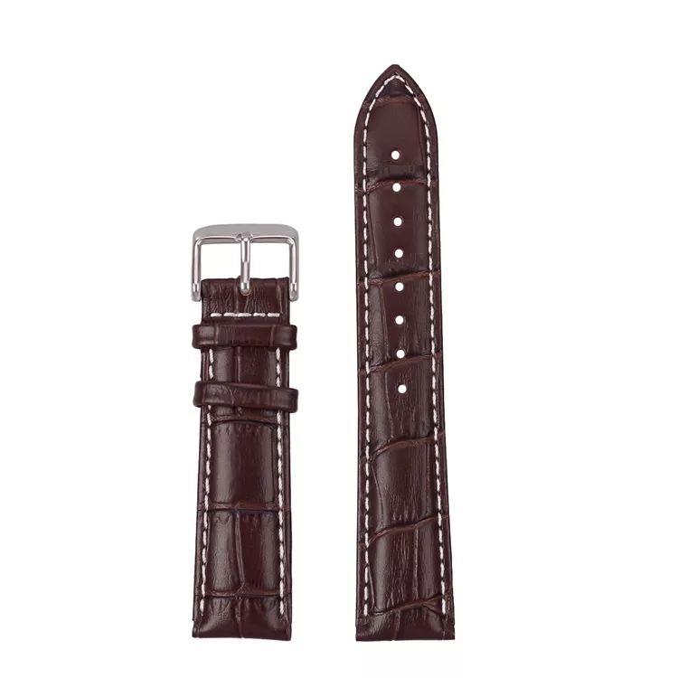 Watch Straps Canada Bracelet de montre en cuir de qualité supérieure gaufré au crocodile brun avec surpiqûres blanches