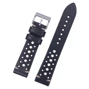 Bracelets de montre en cuir perforé/Rally Style en noir par Watch Straps Canada