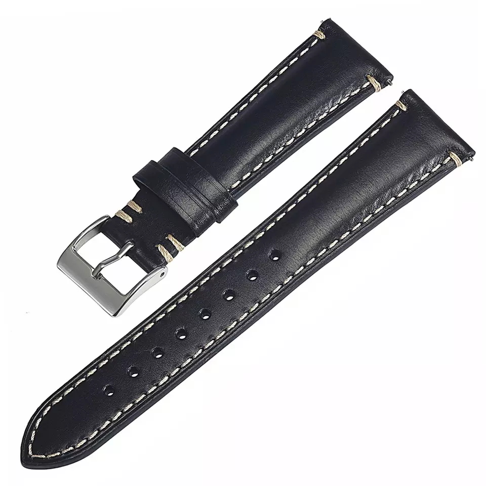 Bracelet de montre en cuir lisse de style vintage en noir par Watch Straps Canada