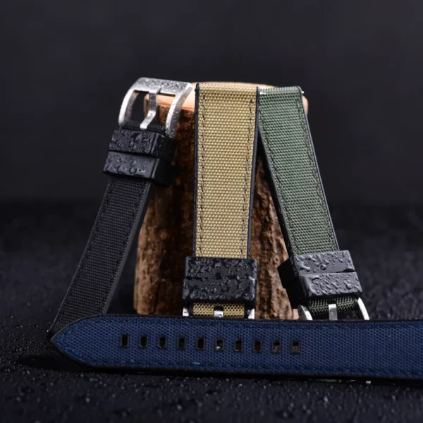 Watch Straps Canada Sailcloth and FKM rubber band pictured with a dark background in raining condition