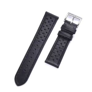 Perforated Leather Rally Watch Band in Black by Watch Straps Canada