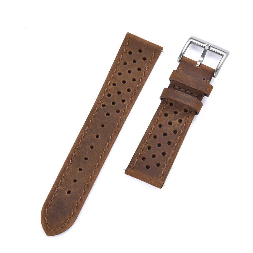 Perforated Leather Rally Watch Band in Brown by Watch Straps Canada