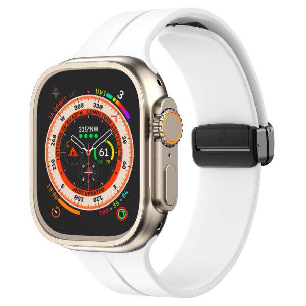 White Rubber Apple Watch Band form Watch Straps Canada with a black magnetic clasp on Apple Watch Ultra