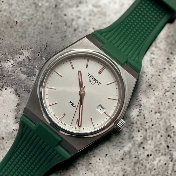 FKM Tissot PRX Rubber Watch Band in Green from Watch Straps Canada mounted on a Tissot PRX
