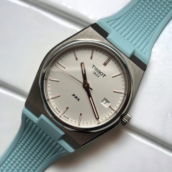 FKM Tissot PRX Rubber Watch Band in Light Blue from Watch Straps Canada mounted on a Tissot PRX