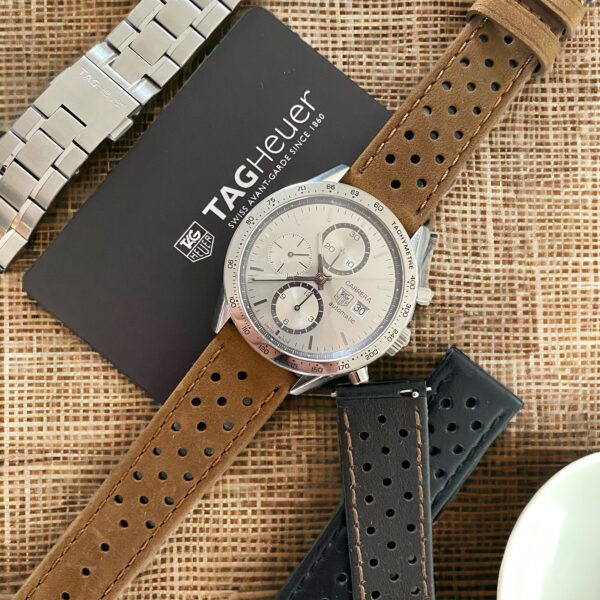 Tag Heuer watch mounted on Watch Straps Canada brown rally strap