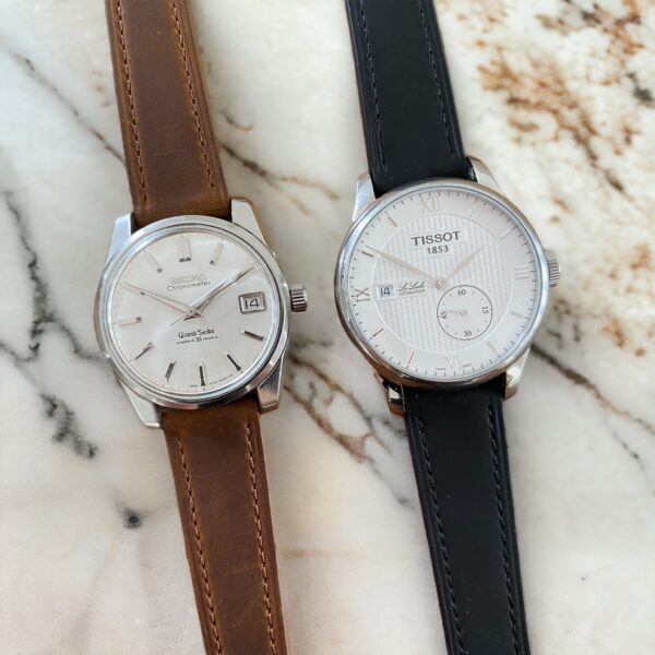 Vintage Grand Seiko and Tissot Le Locle mounted on Black & Brown Vintage Leather Watch Bands