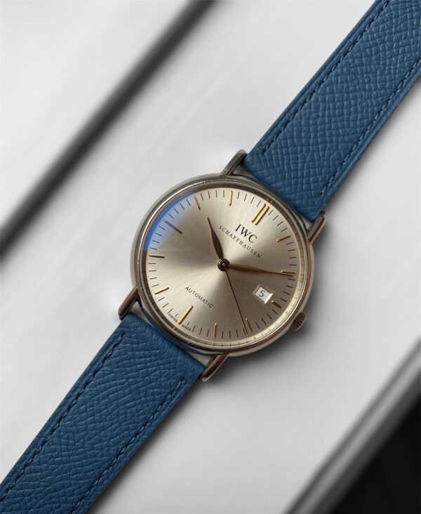 IWC watch mounted on Watch Straps Canada Blue Epsom Leather Watch Band made with top grain leather