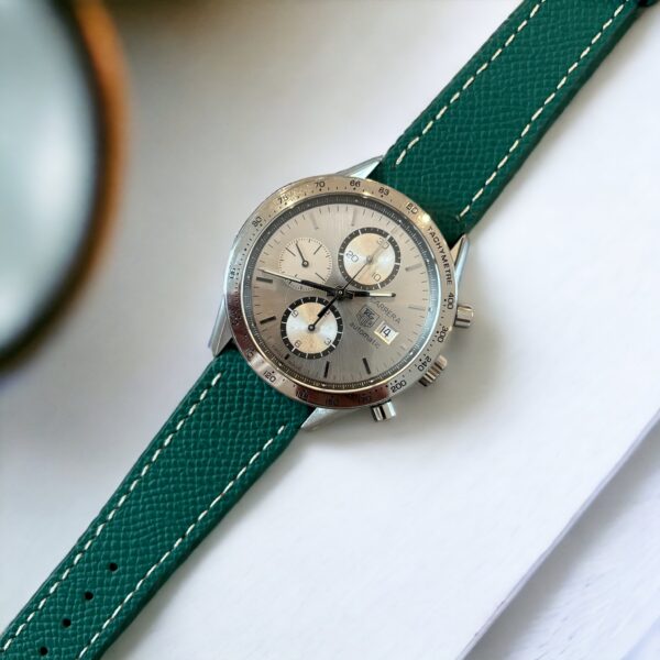 Watch Straps Canada Epsom Leather strap in Green & White mounted on a Tag Heuer Carrera with a Silver dial