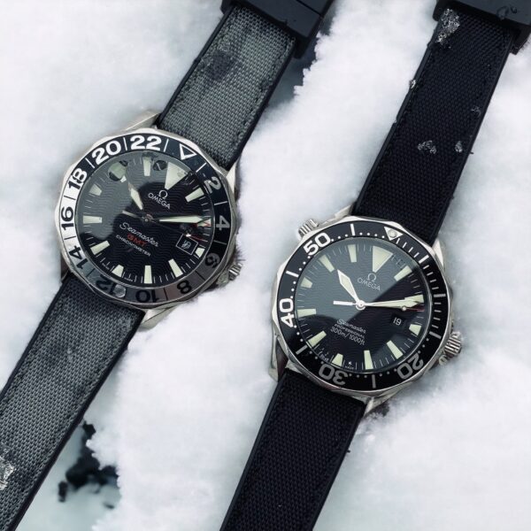 Two Omega Seamaster mounted on WSC Sailcloth watch bands from Watch Straps Canada